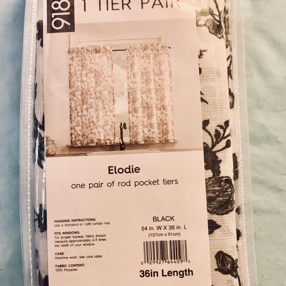 Nō 918 Elodie one pair of Rod Pocket Tiers Black flowers 53 in. W X 36 in. L
